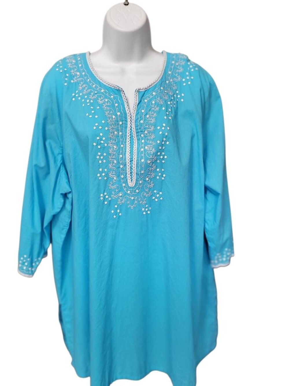 Chelsea Studio 2X Blue‎ Cotton Embroidered Tunic Peasant Top 3/4 Sleeve Plus
